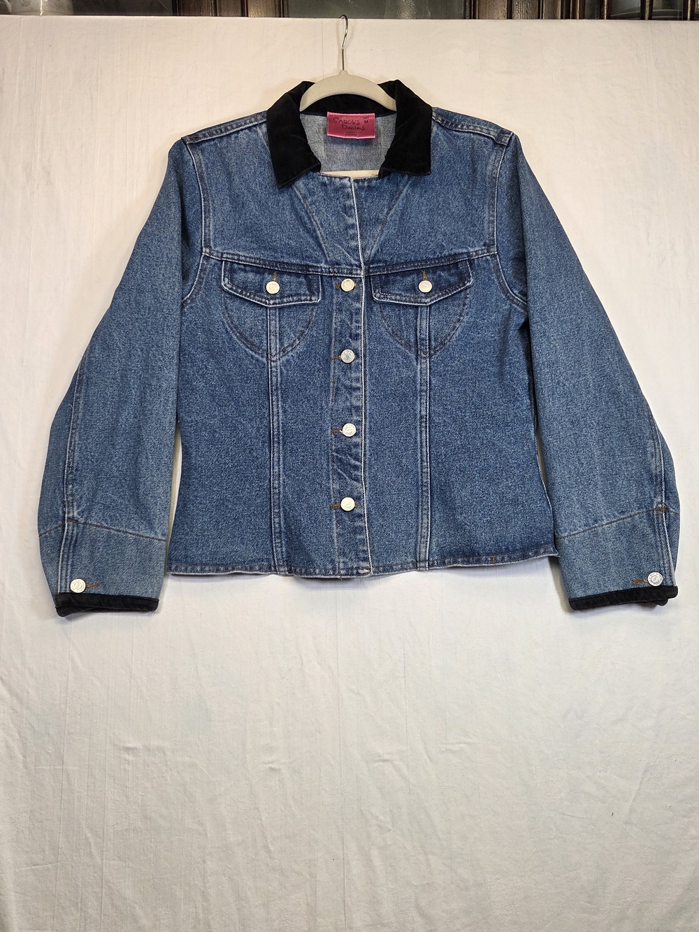 Carol’s Denims Y2K Fitted Denim Jacket Black Velvet Trim Size Medium. #0292